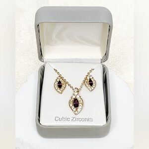 Vintage Boxed Goldtone Red Gemstone & Cubic Zirconia Necklace & Earring Set
